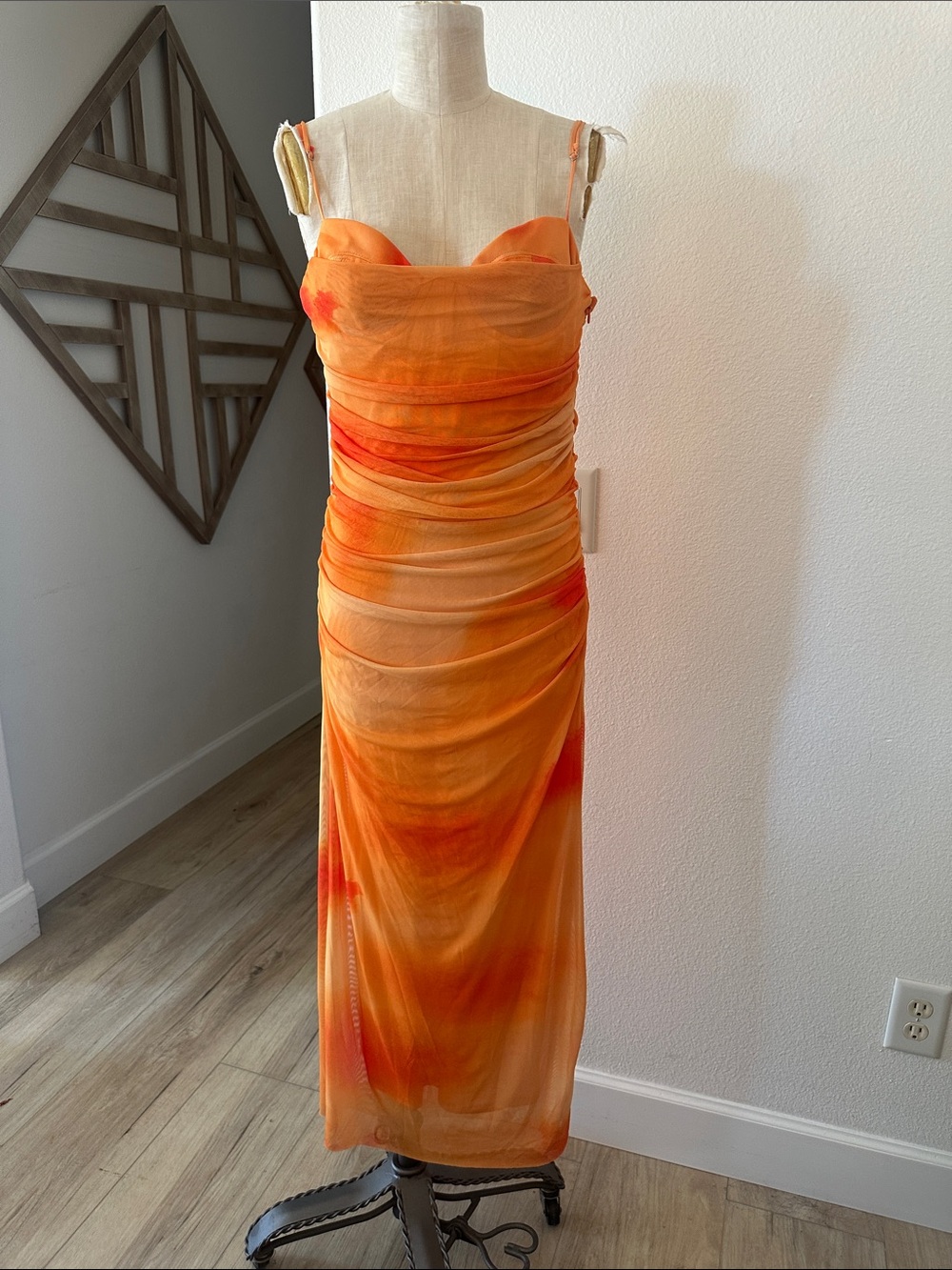 NWT Orange Ruched Strapless Evening Dress